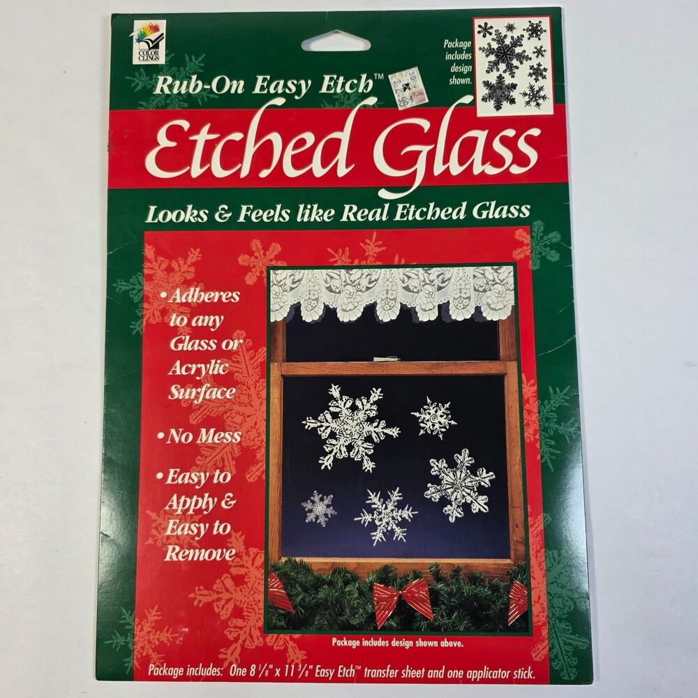 Vtg 1995 Christmas Etched Glass Rub On Easy Etch Holiday Designs-Snowflkes 7105